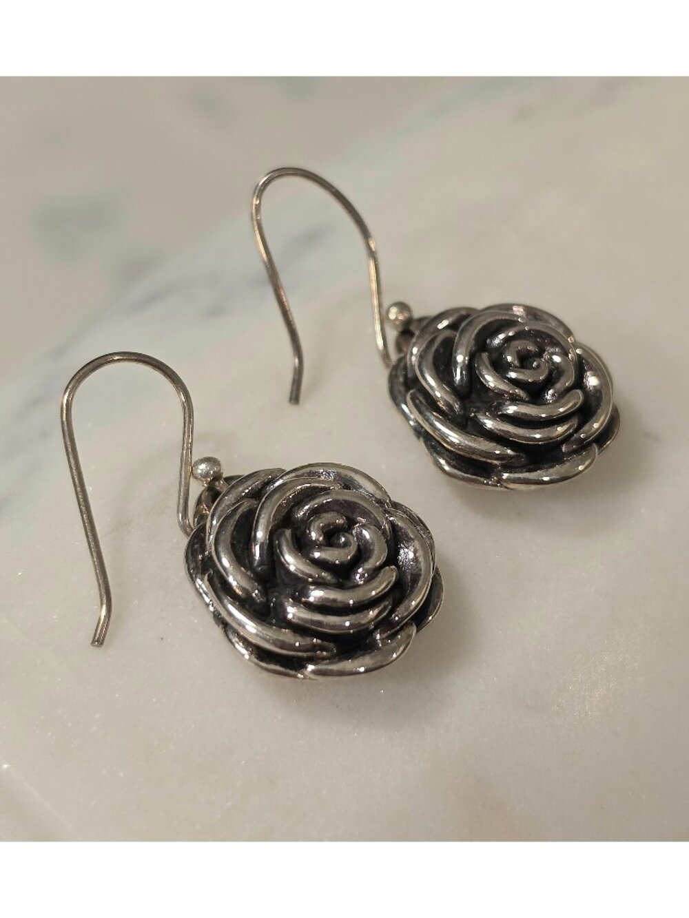 Sterling Silver Blooming Rose Dangle Earrings 925